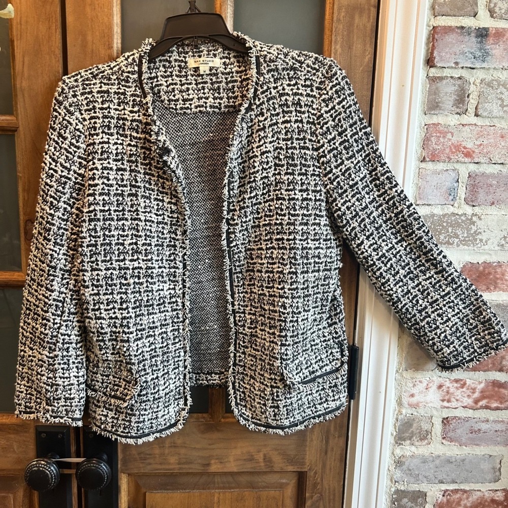 Max Studio Jacket Women Medium Black‎ White Tweed Frayed Trim Open Front Blazer